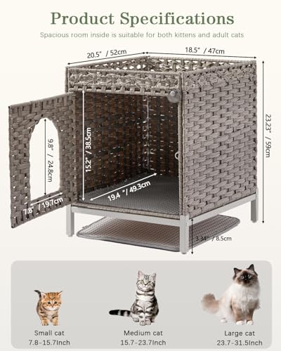 SETVSON Cat Litter Box Enclosure Hidden Litter Box Furniture with Metal Heightened Feet, Rattan Handwoven Cat House with Litter Mat, Hidden Litter Box Furniture for Bedroom Living Room Gray