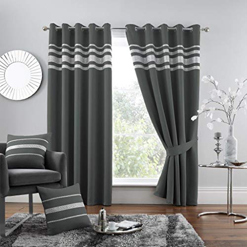 GC GAVENO CAVAILIA Diamante Kendal Blackout Curtains for Bedroom Eyelet Thermal Insulated Door Curtain, Charcoal, 66X54 Inch