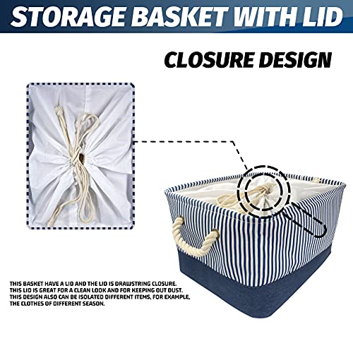 Instruban Foldable Storage Bin With Lib, Cube Basket For Storage And Organization Toy Clothes Books Home Collapsible Storage Basket With Handles - Blue-Stripe, 16.33X12.4X9.25 Inches #TOP4