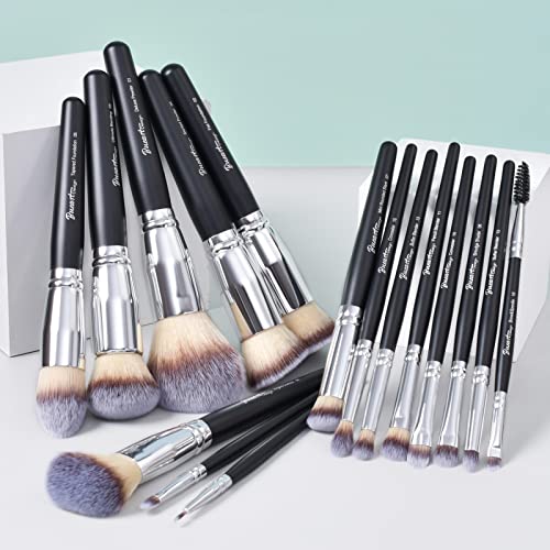Bueart Design 16Pcs ULTRA SOFT Black labeled DENSE HAIR Makeup Brushes set Contains Eyeshadow large powder Flat Foundation Ultimate Blending Make up Brush set Blush Face contour Concealers - Thumbnail 4