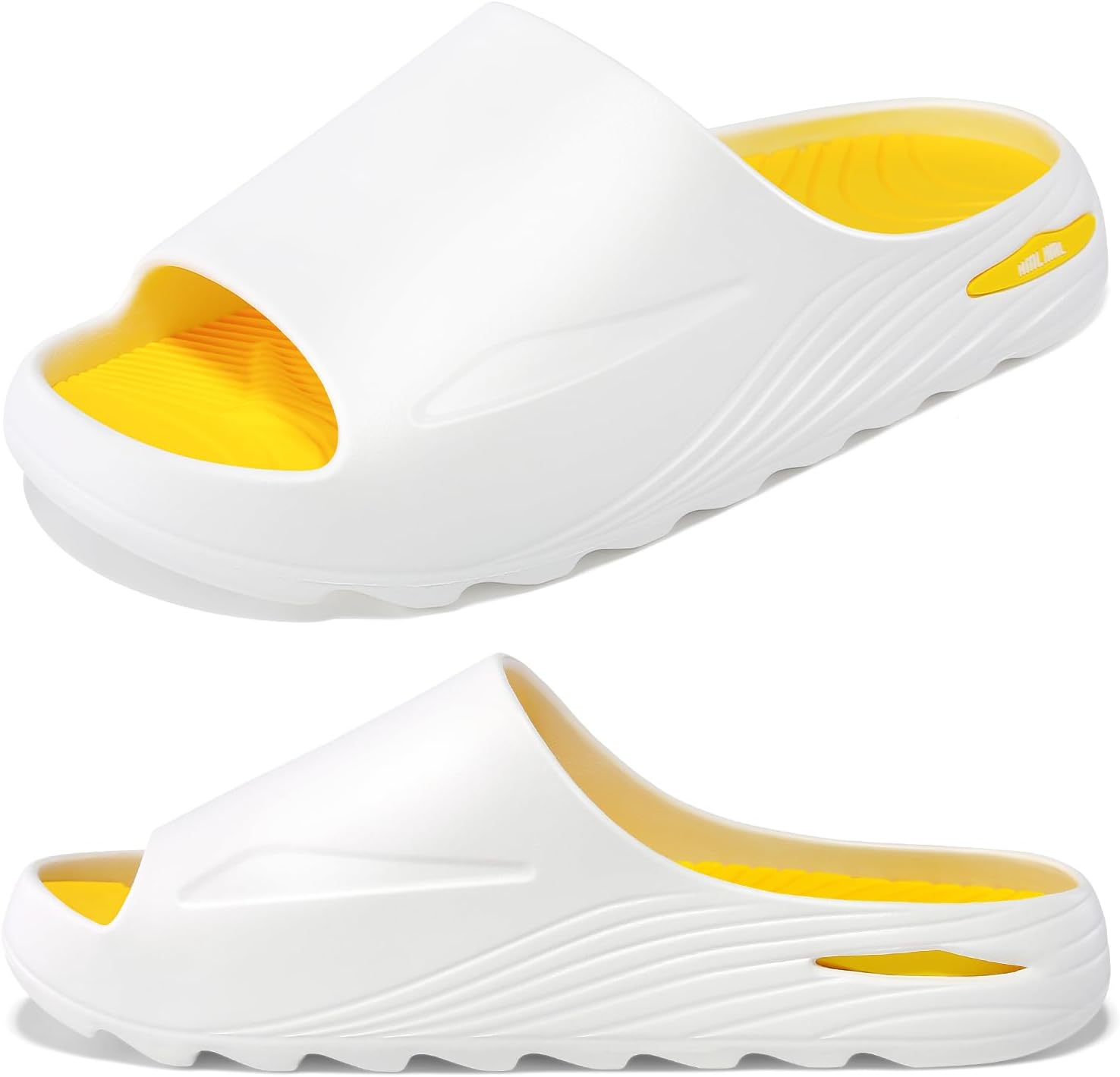 Mens Recovery Slides - Orthotic Arch Support Sandals for Plantar Fasciitis,Comfortable Cushioned Sport Slides with Open Toe, Reduces Foot & Joint Stress, Size 11(White-Yellow)