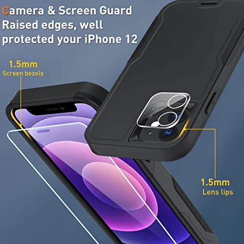 Xmon For Iphone 12 Case [Shockproof] [Dropproof] [Tempered Glass Screen Protector With Camera Lens Protector] Heavy Duty Phone Case Cover For Apple Iphone 12 And Iphone 12 Pro 6.1 Inch (Black) #TOP2