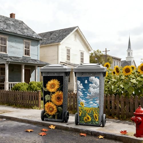 Image of 2 PC Trash Can Sticker 14.57 x 32.28 Inch Sunflower Floral Design Vinyl Sticker with Trio Bloom Field Sky and Cloud Pattern for Outdoor Garbage Bin Garden Yard Driveway Home Decor