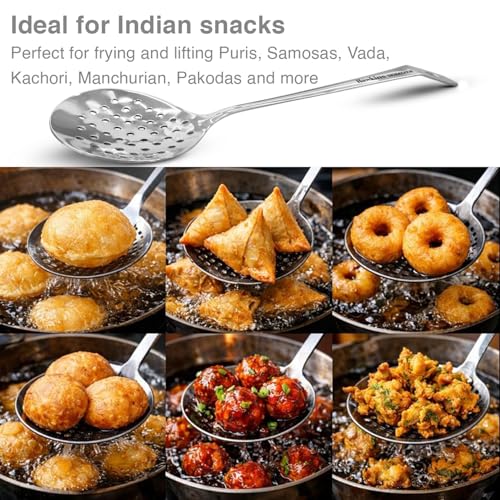 Image of Hawkins Food-Grade Stainless Steel Skimmer for Puris, Samosa, Vada, Manchurian, Kachori, Pakodas | Poni, Jhara, Jharna, Kadchi | Perfect for Deep Frying, Straining, Draining (SSPTS)