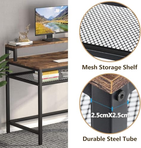Image of Study Table | Computer Desk with Monitor Stand | Industrial Simple Study Writing Desk with Mesh Storage Shelf for Home Office | Rustic Brown | 120x55x90 cm