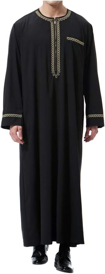 Xinvivion Muslim Men's Robes - Long Sleeve Islamic Middle East Dubai Thobe Saudi Arabia Ethnic Dishdasha Kaftan Kandoura