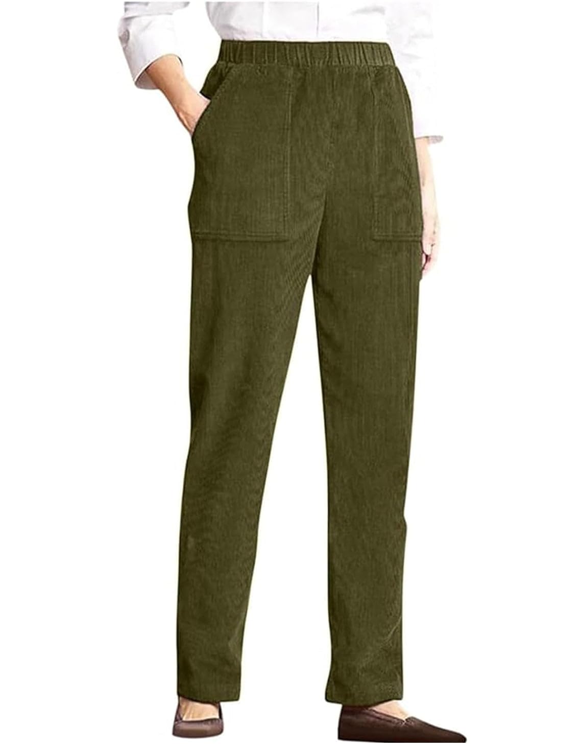 BIRW Corduroy Pants for Women Elastic High Waist Pull On Straight Leg Slacks Casual Trousers with Pocket