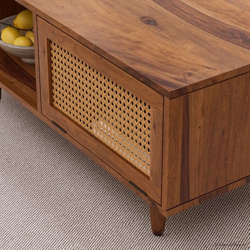 Image of Bhawo Solid Sheesham Wood Coffee Table & Center Table for Living Room with Rattan Cane Lift-Down Shutter & Open Shelf, Solid Wooden Teapoy for Sofa with Storage (Honey Finish)