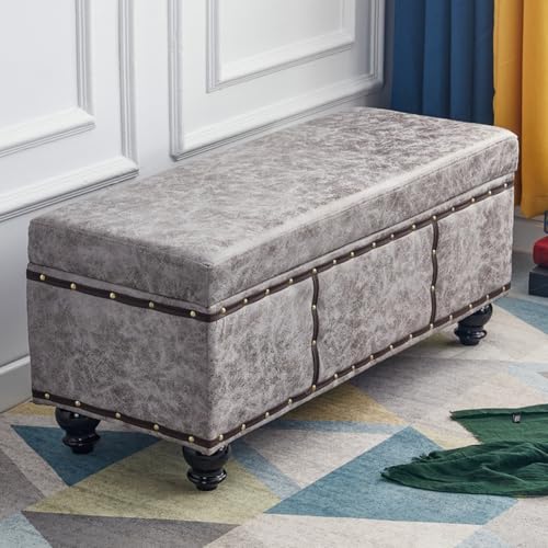 MGHRUEWH Banco Otomano con Almacenaje, Reposapiés Rectangular Tapizado En Tela Capitoné con Patas De Madera Maciza, Mesa De Centro Rectangular con Almacenaje, para Sala De Estar.,Gris,60cm