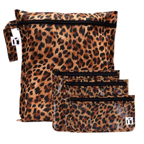 Bumkins Roamio- Waterproof Wet Bag & Clear Travel Bags - For Beach Baby Travel Swim Suit Cloth Diapers Pump Parts Pool Gym Toiletries - Reusable & Easy to Clean - Leopard - 4 Pack