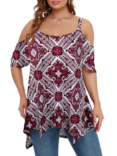 Image of LARACE Cold Shoulder Tops for Womens Summer Clothes Spaghetti Strape Tunic Oversized Shirts Asymmetrical Plus Size Blouse