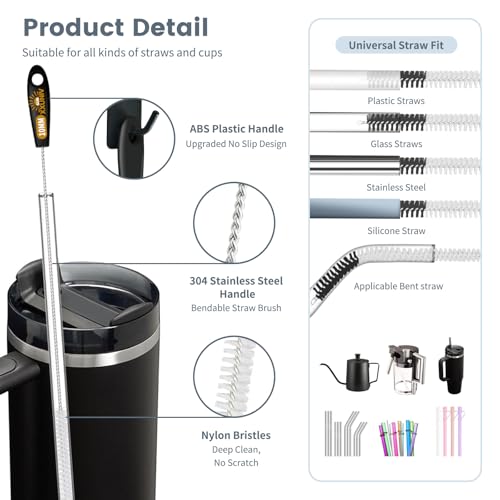 Image of 15 Inch Extra Long Black Straw Cleaner Brush Set,5PCS for 20-40oz Stanley | 4 Straw Brushes:6 /8 /10 /12mm plus 3-in-1 Cup Lid Brush,Heavy-Duty Cleaning Brush for Owala,Yeti,Tumblers and Reusable Straws