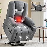 KEIKI Oversized Power Lift Recliner Chair with Heat & Massage, Reding Rocking Chair for Elderly, High Seat Comfy Chenille Recliner with Side Pockets, USB Port, Cup Holders & Lumbar Support, Grey