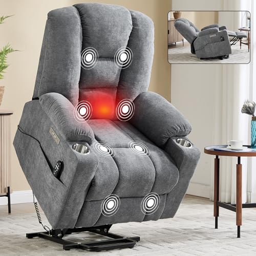 KEIKI Oversized Power Lift Recliner Chair with Heat & Massage, Reding Rocking Chair for Elderly, High Seat Comfy Chenille Recliner with Side Pockets, USB Port, Cup Holders & Lumbar Support, Grey