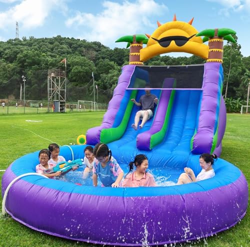 Castillo Hinchable con tobogán, Tobogán acuático Doble y Piscina Inflable Gigante, Tobogán acuático de PVC para niños y Adultos, para Patio Trasero al Aire Libre, con Soplador de 950 W, 26x12x14 pies