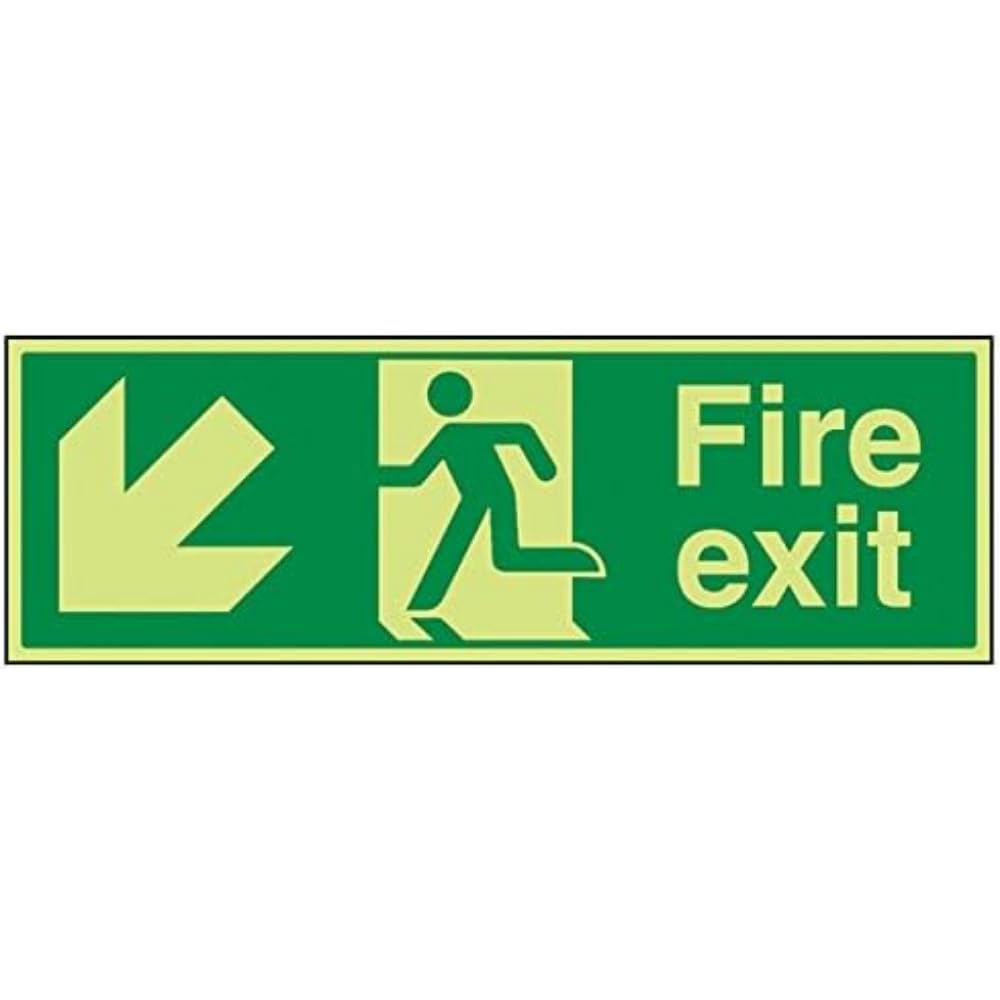 VSafety Glow In The Dark Fire Exit Arrow Down Left Sign - 600mm x 200mm - Rigid Plastic — image 1