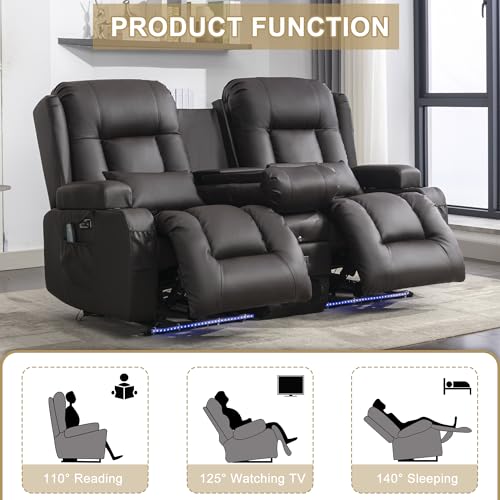 Image of URRED Power Loveseat Recliner Sofa with Massage and Heat, Wall Hugger Reclining Loveseat with Console, RV Couch Home Theater Seating with LED Lights for Living Room (Dark Brown, 67 inch - 2 Seats)