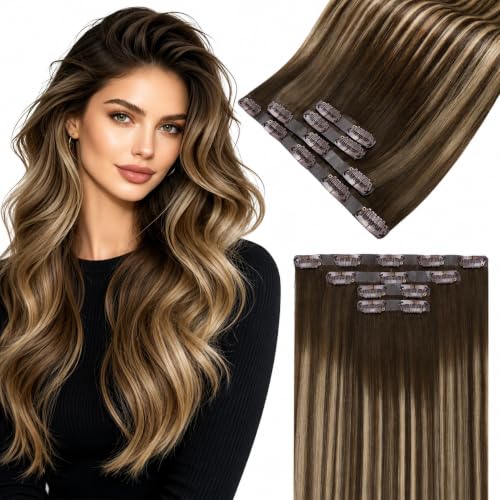 Image of LaaVoo Seamless Clip in Hair Extensions Human Hair 20inch | Balayage Dark Brown to Blonde Hair, Pu Clips, Natural, Invisble for Instant Length 110g 4pcs