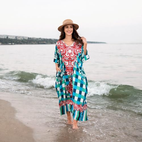 Image of Miss Lavish London Teal Check Print Kaftan Dress for Women V Neck Batwing Sleeve Maxi Beach Cover Up, Plus Size Caftan with Side Slits & Pockets, Resort Wear Swimsuit Coverup-Teal-3XL