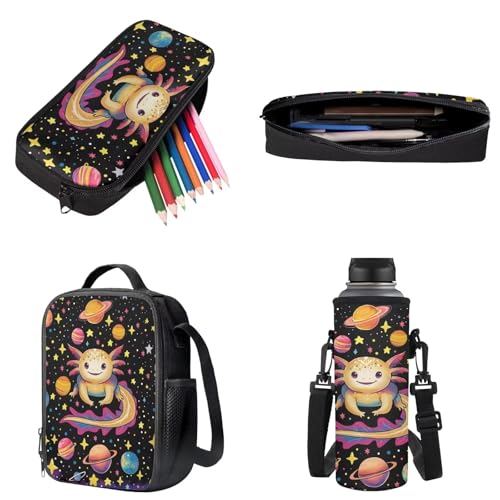 Talayituse Axolotl Star Planet Print Backpack Sets for Kids 4 in 1 Primary Schoolbag Lunch Bag + Pencil Case + Water Bottle Sleeve, Durable Bookbag Travel Daypack School Bag for Girls Boys3