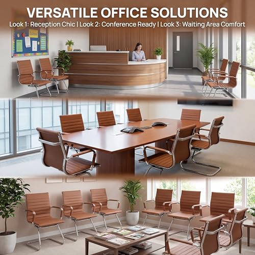 Image of Conference Room Chairs Set of 2, Waiting Room Chairs with Arms, Faux Leather Reception Chairs No Wheels, Office Guest Chairs with Mid Back Support and Chrome Sled Base, Cafe