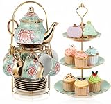 Maxcheck 21 Pcs Tea Party Set for Adults European Floral Tea Set with Metal Holder and 3 Tier Ceramic Cake Stand Porcelain Flower Cup Teapot for Dessert Cupcake(Fresh Style)