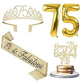 YeohJoy 75th Birthday Decorations Women with 75th Birthday Sash and Tiara, Happy 75th Birthday Cake Toppers, Number 75 Candles, Gold 75 Birthday Balloons,75th Birthday Party Gifts for Women (Gold)