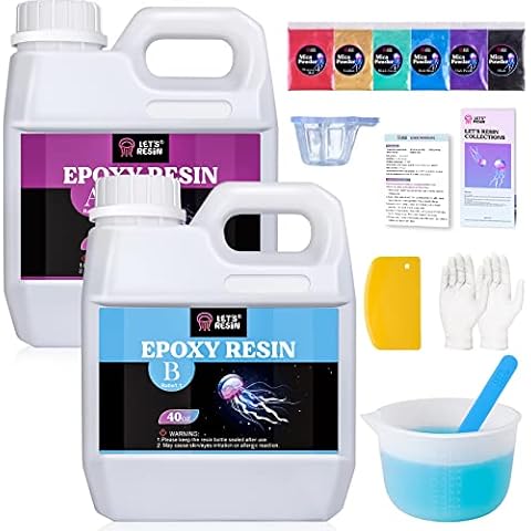 LET'S RESIN 80oz Crystal Clear Casting Resin Kit, Bubbles Free Epoxy Resin Supplies, Clear Resin for Tumblers, Molds, Jewelry, Table Top, Epoxy Resin with 6 Mica Powders, Large Silicone Cup and More Cover