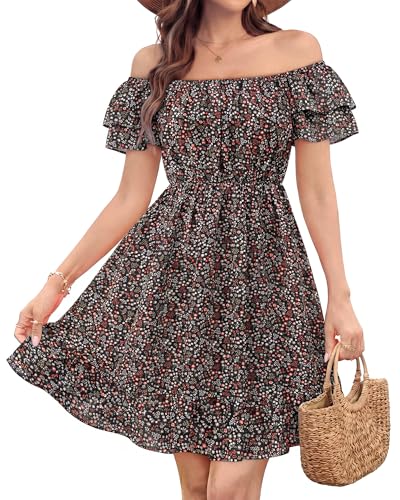 Triratna Summer Casual Dresses for Women 2026: Womens Ruffle Sleeve Floral Chiffon Flowy Beach Dress Flattering Dress for Coachella Cocktail Tropical Vacation Boho Dresses Short Maxi Multi Print L