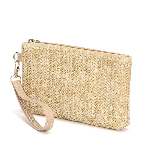 Bolsa clutch feminina de palha de verão para praia com zíper, Bege, 0.39 liters