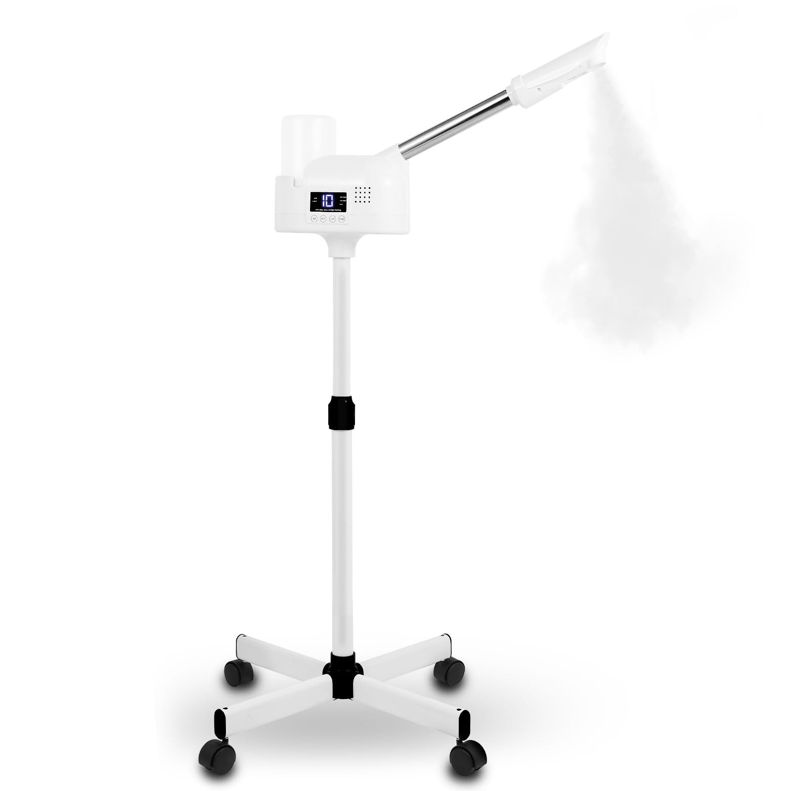 professional facial steamer, hot mist spray, timer function for deep hydration, height adjustable face steamer on wheels and rotatable nozzle for salon spa home use