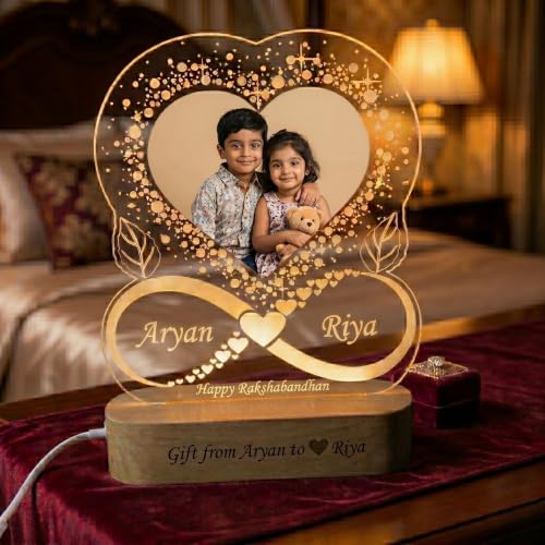 Image of Personalized LED Photo Lamp with Name & Date | Custom Heart Shape Acrylic Night Light with Wooden Base | Romantic Gift for Couples, Wedding, Valentine, Brother Sister Birthday Gift