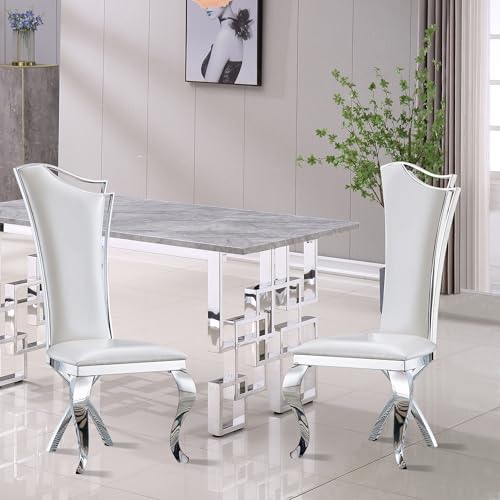 LIKUHLI Silla de Comedor Cuero Blanco, Juego de 2, sillas de Comedor tapizadas con Patas de Acero Inoxidable y Respaldo Alto, sillas de Comedor de Cuero, Comedor Moderno de Media
