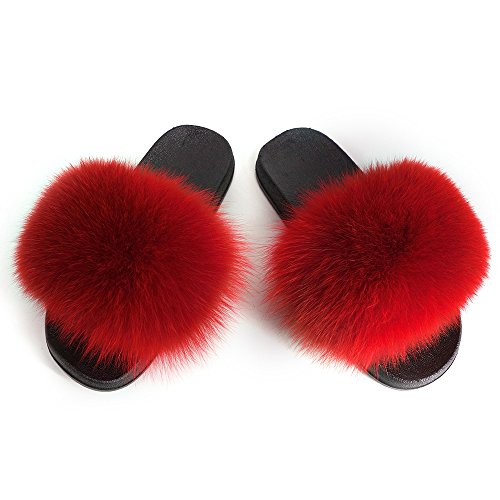 Manka Vesa Women Winter Real Fox Fur Feather Vegan Leather Open Toe Single Strap Slip On Sandals Red,EU44-45/US10