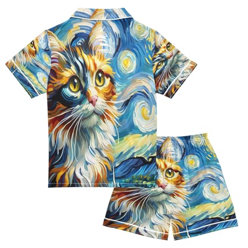 ALAZA Van Gogh Cat Kitten Watercolor Satin Pajamas Set Short Sleeve Button Down Sleepwear Summer Pjs 2 Piece2
