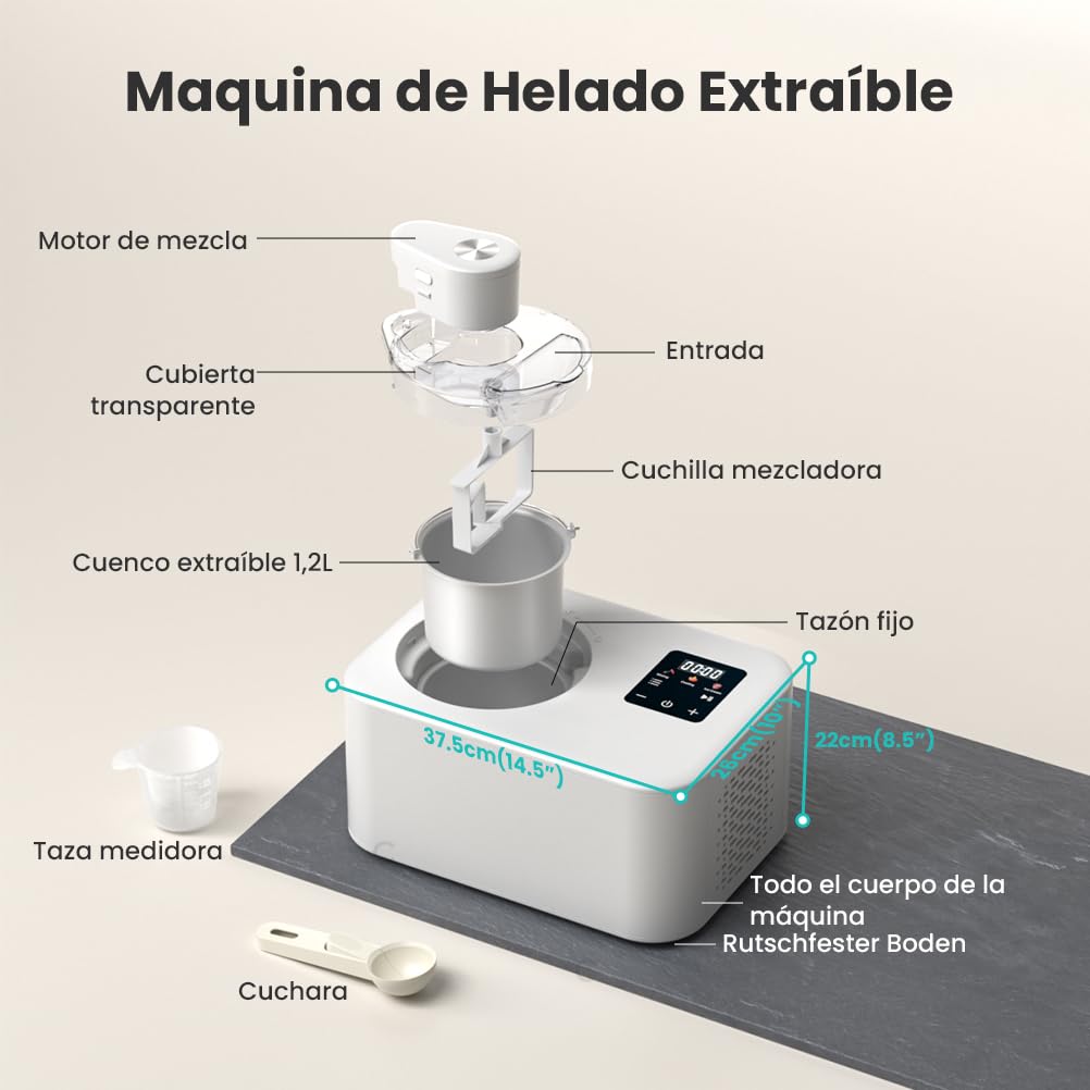 Máquina Para Hacer Helados con Compresor 1,2L, Heladera Eléctrica, Heladera Profesional, 110W, Pantalla Táctil, Cubo de Aluminio Extraíble, Receta & Cuchara, No Requiere Precongelación