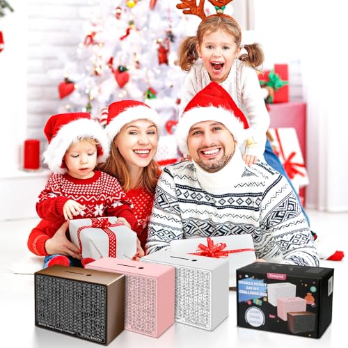 Wooden Money Saving Box, Cash Vault Savings Box for $10000 $5000 $3000 $1000 $800 $500 Target Money Saving Challenge, Reusable Money Box with Counter, Dry Erase Pen/Savings Trackers/Rubber Band-Brown