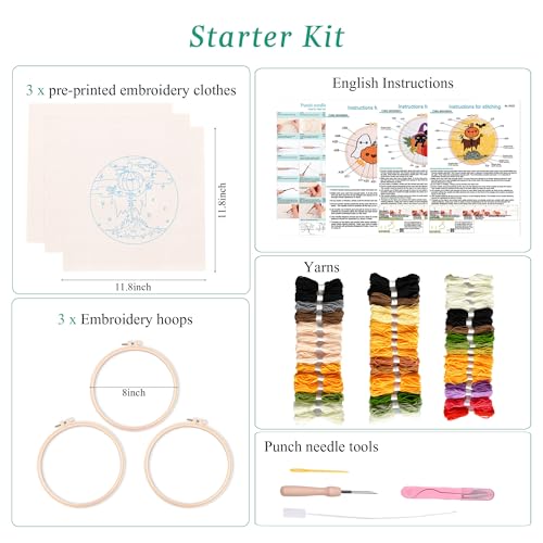 Image of Harimauu Harimau 3P Punch Needle Embroidery Starter Kits for Beginner Kids,Punch Needle Fabric with Pattern,Threader, Yarns,Pinch Needle, Embroidery Hoops & Rug Punch (Yellow)