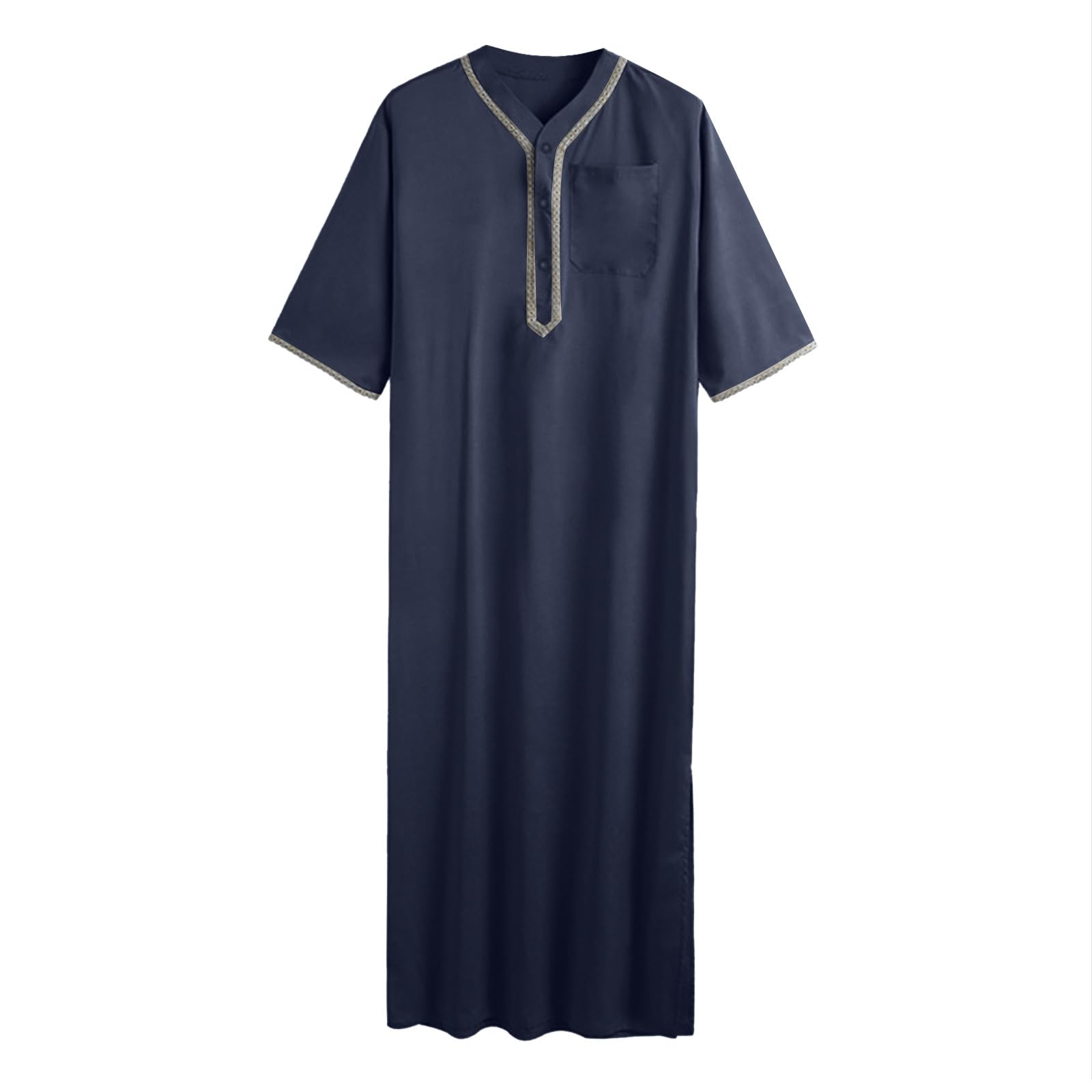 Caftán Hombre Algodón Lino Verano Cool Jilbab con Cuello en V Abaya Musulmán Árabe Islámico Ropa Regalos Ramadán Burka Disfraz Islámico Royalty Dubai Robe