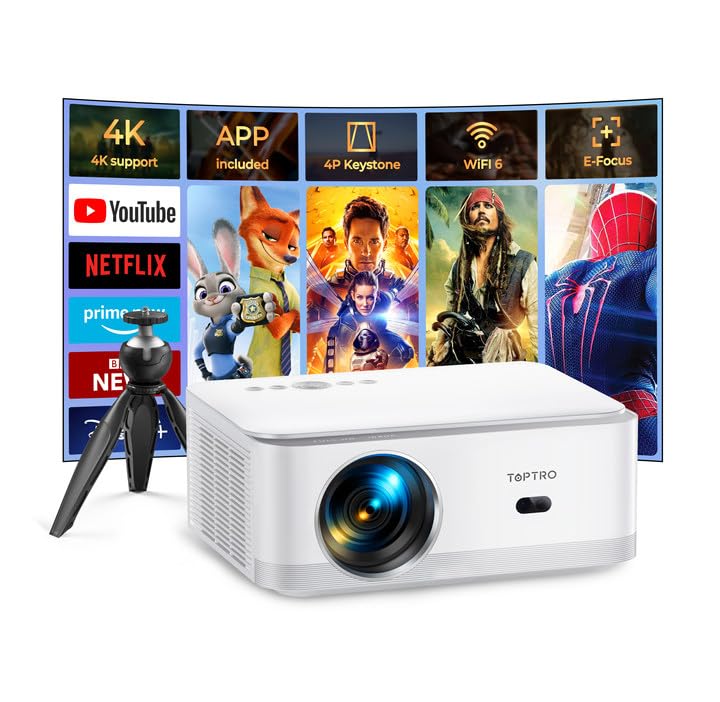 TOPTRO Beamer 4K Unterstützt Eingebauter Android TV, 600 ANSI WiFi Bluetooth Beamer Full HD 1080P, Beamer Heimkino Unterstützt 4P Korrektur, Elektrischer Fokus, 50% Zoom (Stativ inklusive)