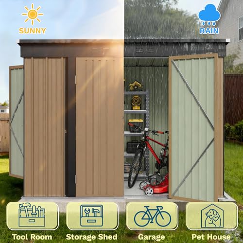 Image of Patiowell 8x4 FT Storage Shed, Metal Tool Sheds with 3 Doors for Garden, Backyard, Patio, Utility, and Bike Storage, Brown