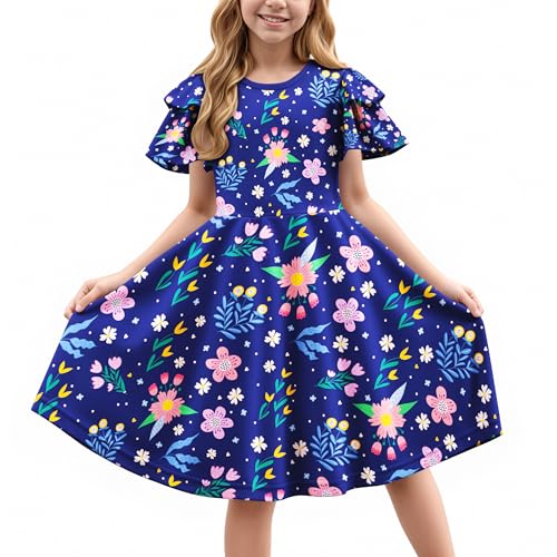 LQSZ Girls Summer Dress with Pockets Double Sleeve Casual Party Easter Wedding Sundress for Toddler Size 3-12 Years