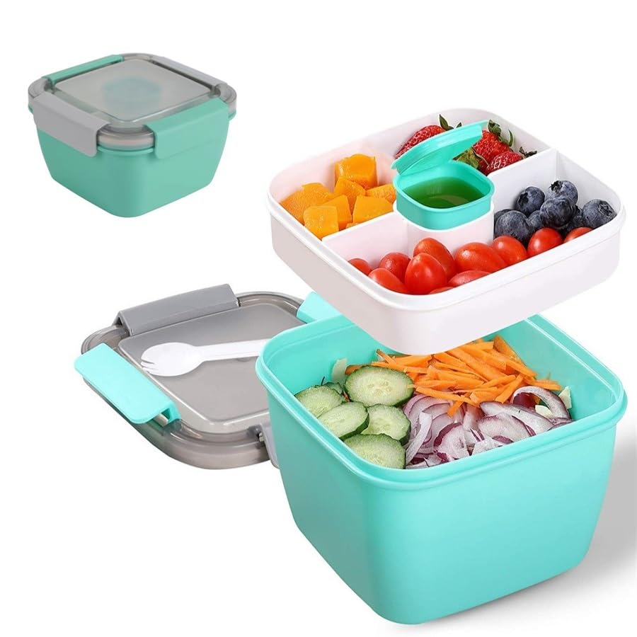Pecewlos Fiambrera Bento Box, Ensaladera Lunch Box con 3 Compartimentos y Cubiertos, 1500ML Caja Bento a Prueba de Fugas para Adultos Niños, Almuerzo de Plástico Caja de Bento para Microondas