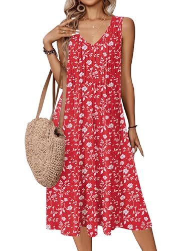 Image of Zeagoo Women Summer Casual Dresses 2026 Sleeveless Midi Pleated Tank Sundress with Pockets V Neck A Line Swing Tshirt Dress