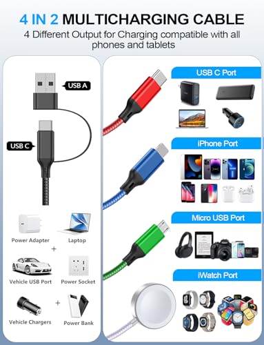 Image of Travel Essentials,Multi Charging Cable for Apple Watch Charger /iPhone /Samsung Charger,Type C /Lightning /iWatch /Micro Charging Cable for iWatch Ultra /10-2 /iPhone /Galaxy /Airpods[1.8M]-Multicolor