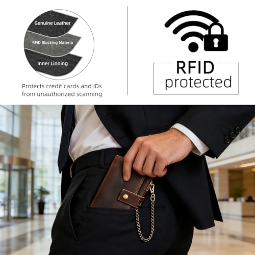 Image of Genuine Crazy Horse Leather Travel Gift Coin Pocket Card Case Long Organizer Chain Rfid Wallet Purse With Snap For Men Male 1803 1815 (W-1819-Brown)