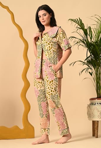 Image of Women's Cotton Printed Night Suit Set | Soft & Stylish Full Sleeve Shirt with Pajama | Comfortable Loungewear & Sleepwe,(Multicolor XS)