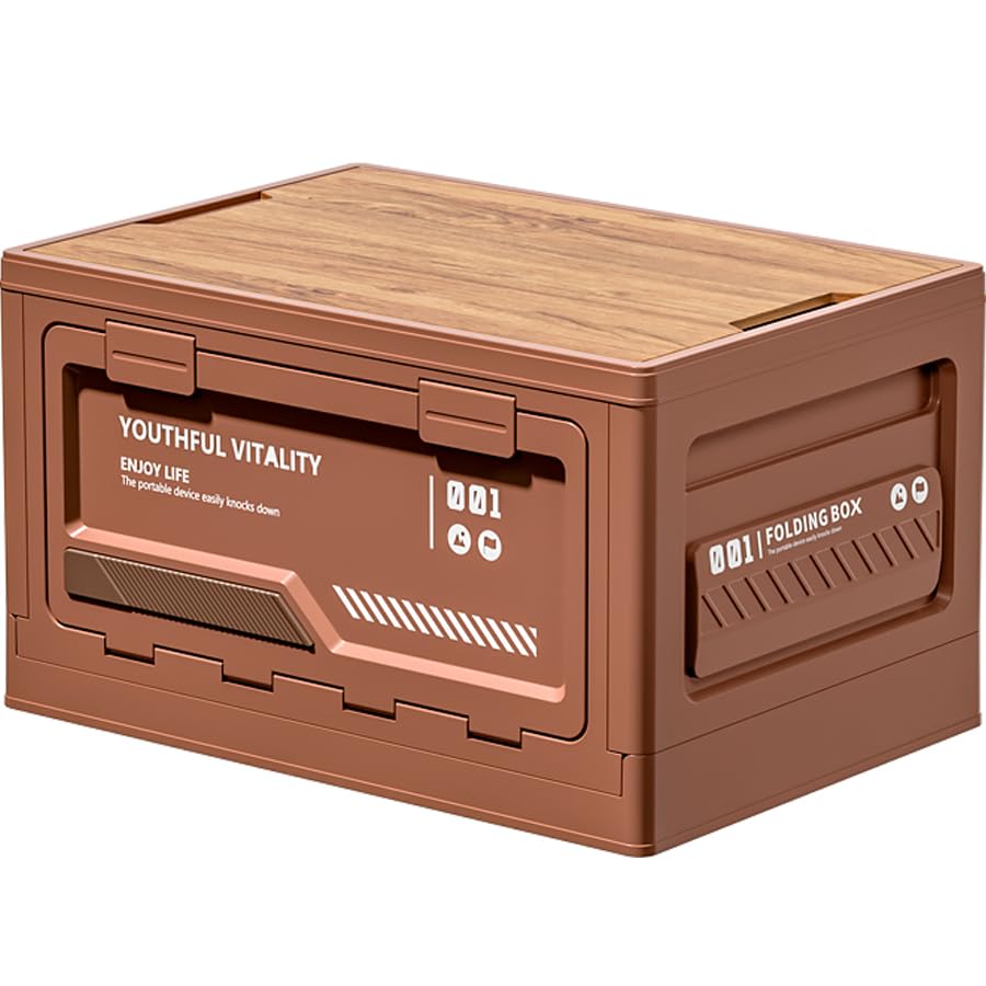 Zilnox コンテナ ボックス 折り畳み キャンプ 折りたたみコンテナ 木製の蓋付き 収納ボックス 大容量 アウトドア 収納ケース 強い耐荷重 収納 組み立て簡単 ブラウン 1個 S 幅40×奥行29×高さ23cm