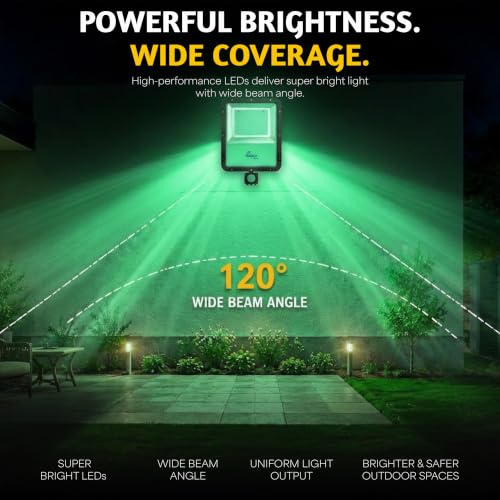 Image of Forus 100W LED Flood Light Green with Motion Sensor Auto On Off Day Night Mode Waterproof Outdoor Security Light for Garden Parking Garage Factory Warehouse High Bright Floodlight 4Yr Warranty-1Pc