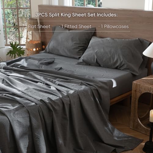 Image of MooMee Sheet Set 100% Washed Cotton Linen-Like Extra Deep Pocket Twin | Relaxed Linen-like Texture. Soft, Breathable & Lightweight Comfort. 15-19 inch Extra Deep Pocket with All-around Elastic